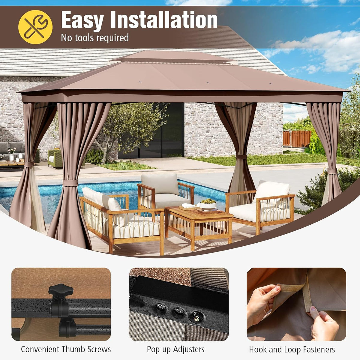 LAUSAINT HOME 10'x13' Outdoor Gazebo, Upgraded Metal Frame Heavy Duty Patio Canopy Tent Shelter with Double Roofs, Mosquito Nettings and Privacy Screens for Backyard, Garden, Lawn, Khaki