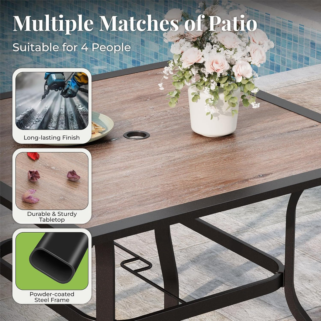 MIXPATIO 5 Pieces Patio Table and Chairs Set, 4 Person Outdoor Dining Furniture Set, 4 Red Textilene Chairs and 37' Wood-Like Table Top Table with Umbrella Hole, for Deck Backyard Lawn