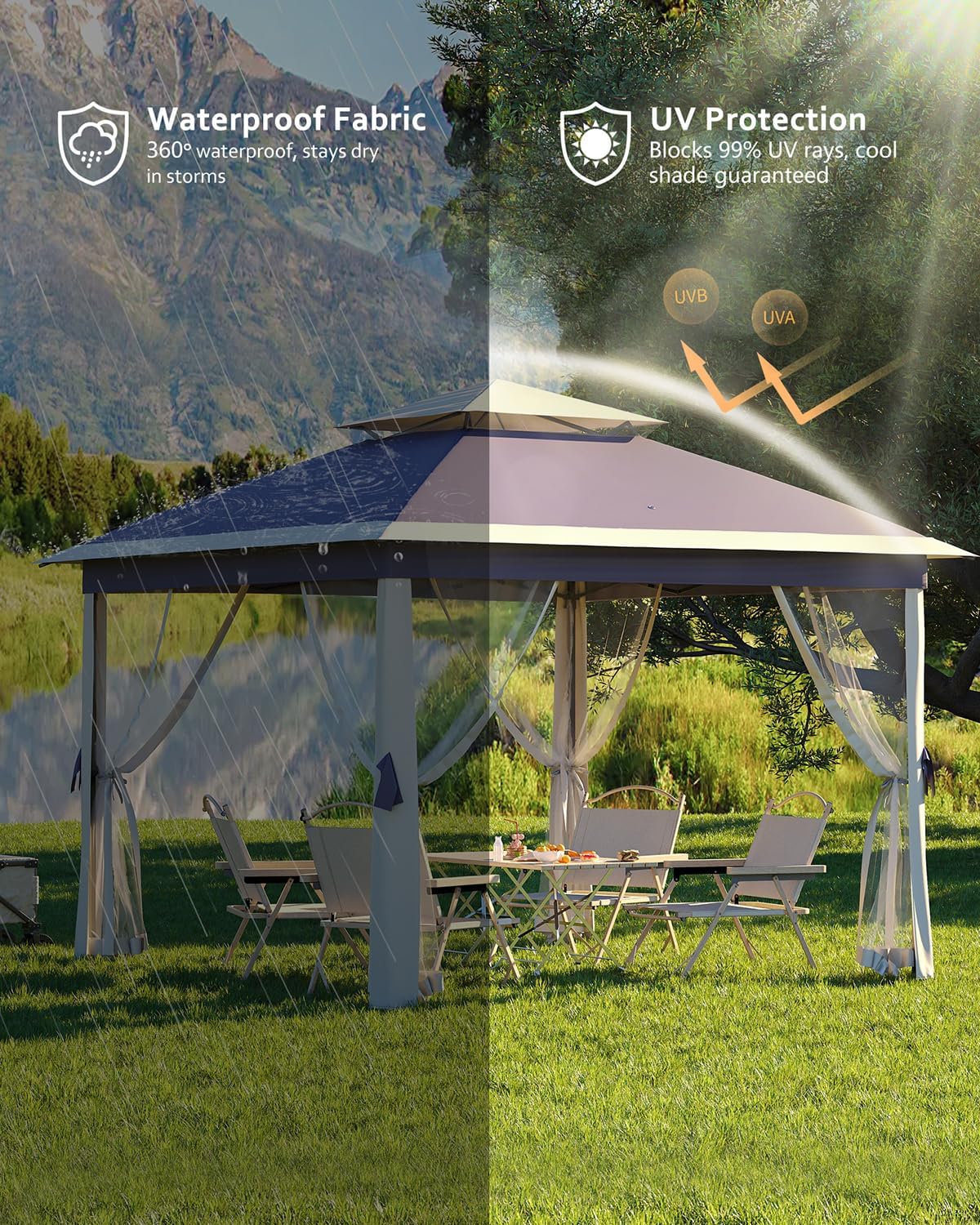 Garveelife 11x11 Pop Up Gazebo Tent with Mosquito Netting, Outdoor Canopy Shelter Easy Setup, Water & UV Resistant - Navy