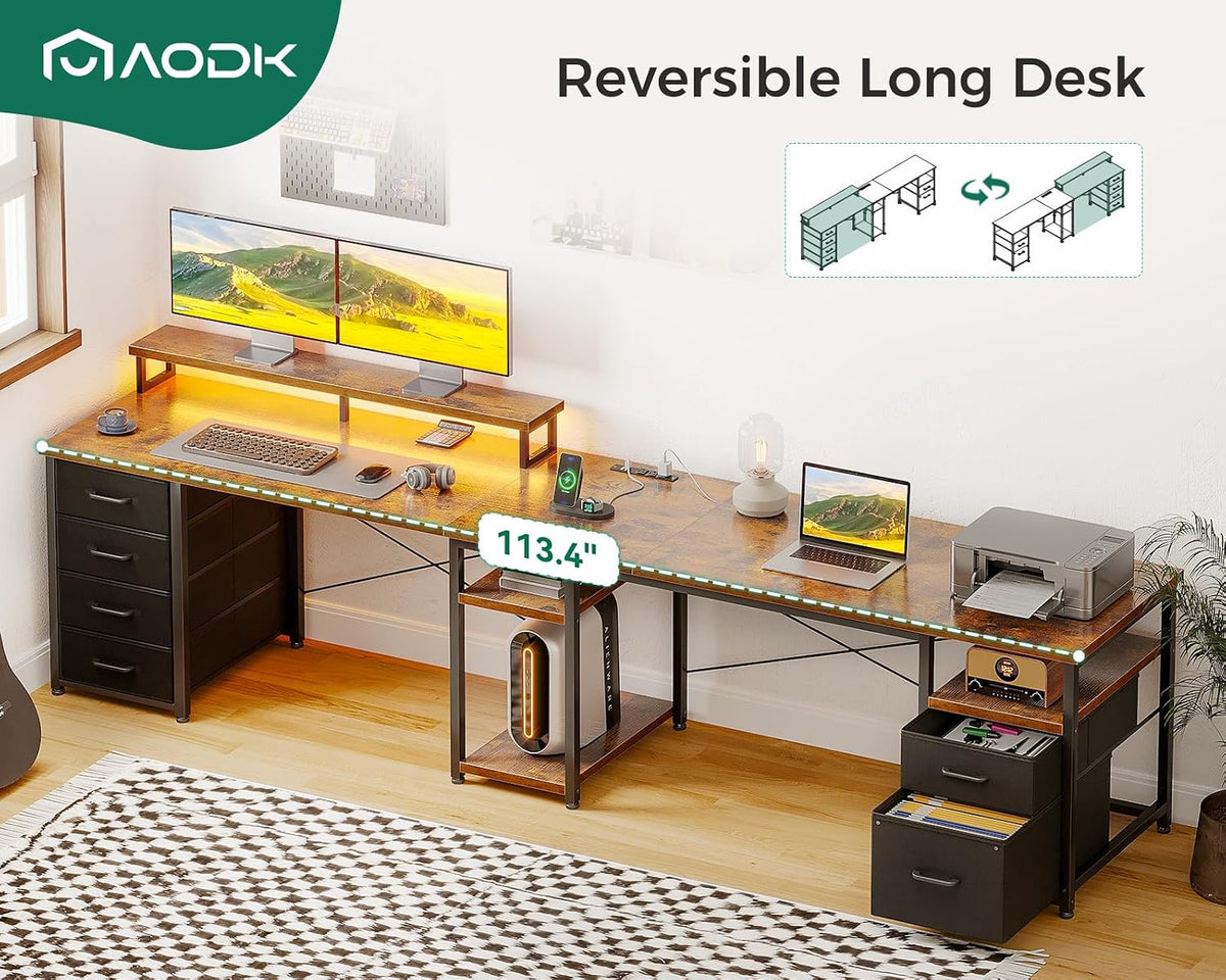 AODK 66' L Shaped Computer Desk, 113' Reversible Home Office Desk with File Cabinet & 4 Fabric Drawers, Two Person Desk with LED Lights & Power Outlet, Corner Gaming Desk with Monitor Shelf, Vintage