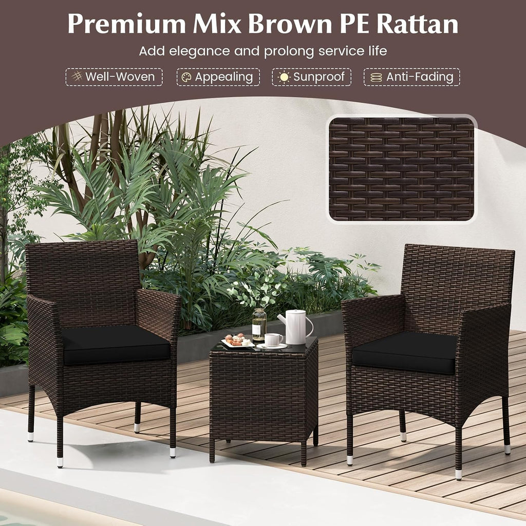 KOTEK 3 Piece Patio Furniture Set, Outdoor Wicker Patio Chairs with Soft Cushions & Tempered Glass Top Table, PE Rattan Bistro Set for Porch, Garden, Balcony (Black)