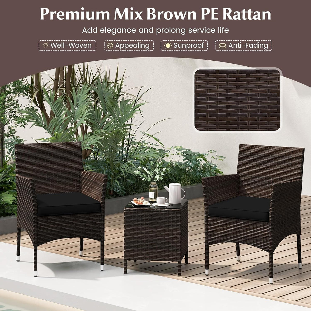 KOTEK 3 Piece Patio Furniture Set, Outdoor Wicker Patio Chairs with Soft Cushions & Tempered Glass Top Table, PE Rattan Bistro Set for Porch, Garden, Balcony (Black)