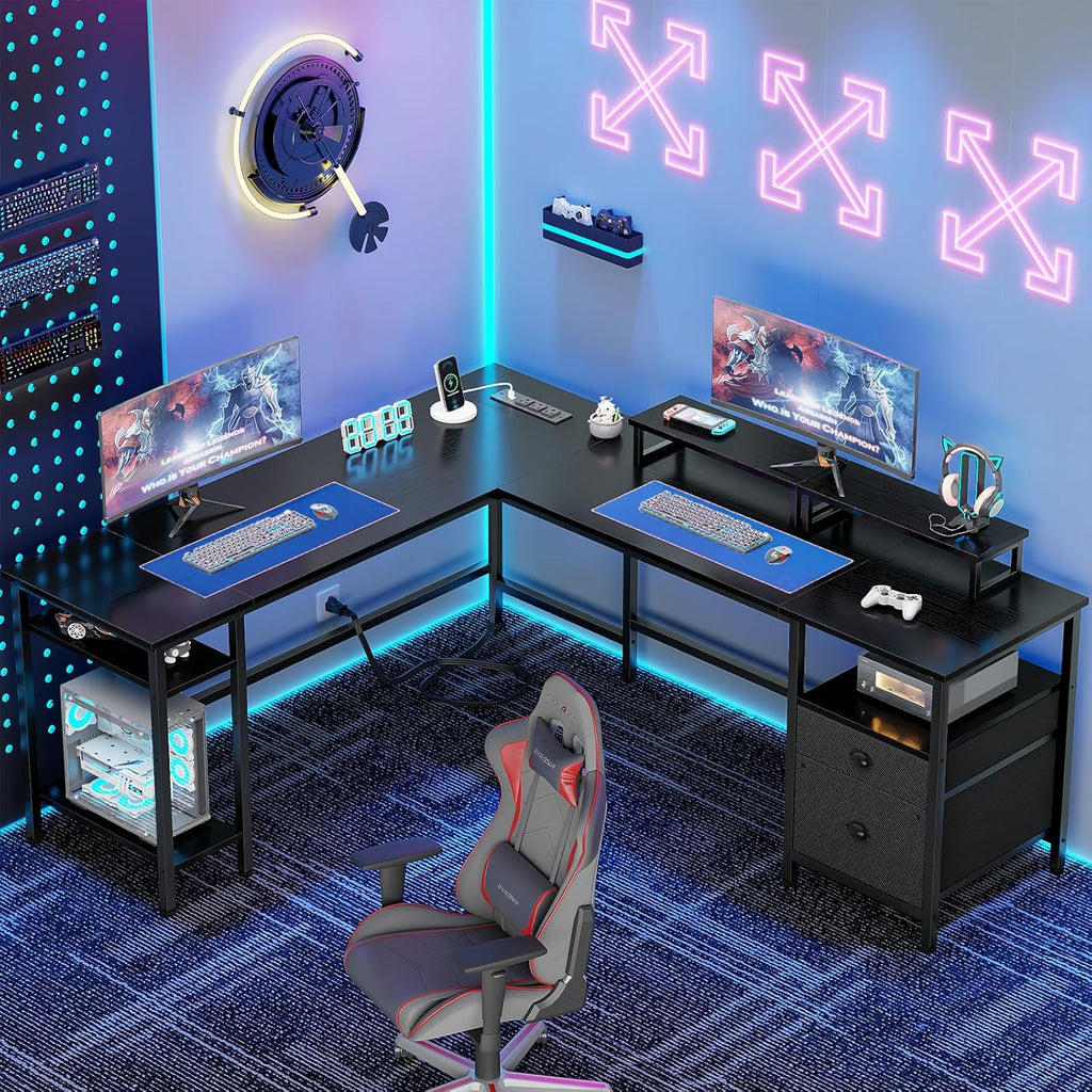Furologee 66' L Shaped Desk with Power Outlet, Reversible Computer Gaming Desk with File Drawer & 2 Monitor Stands for Home Office with Storage Shelves, Black