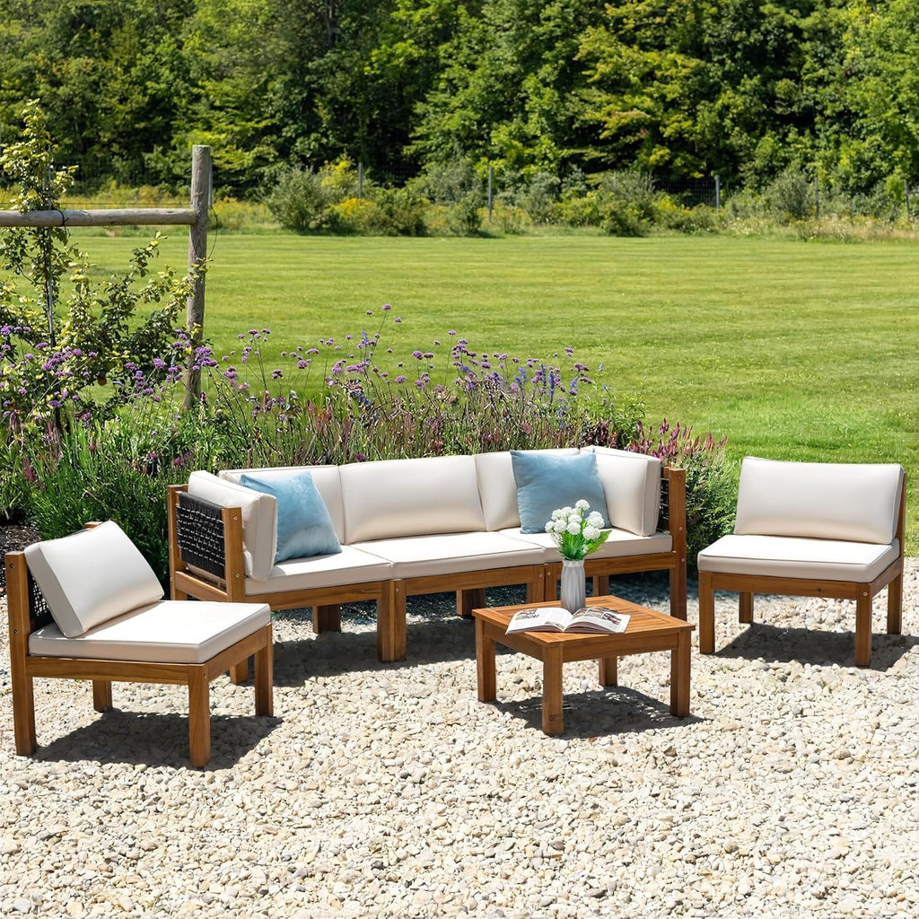 Greesum 6 Pieces Small Patio Sofa, Acacia Wood Frame, Padded Patio Conversation and Chairs Set for Garden, Backyard, Poolside, Beige