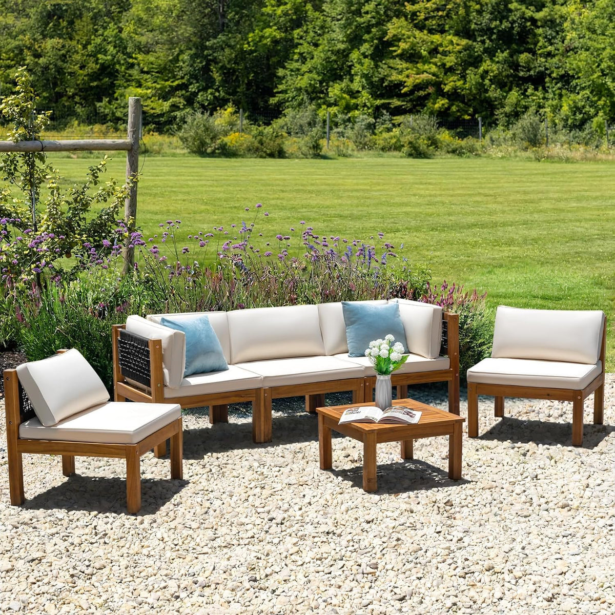 Greesum 6 Pieces Small Patio Sofa, Acacia Wood Frame, Padded Patio Conversation and Chairs Set for Garden, Backyard, Poolside, Beige