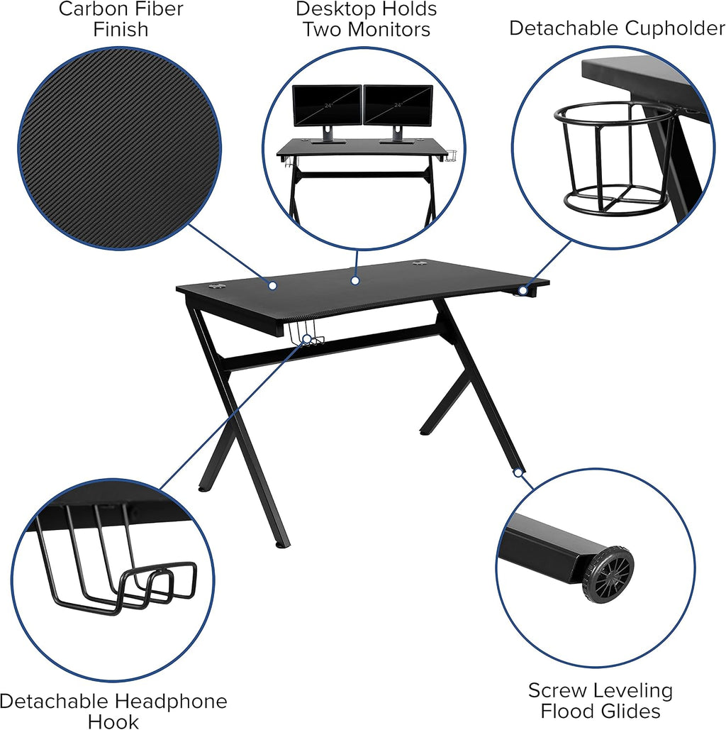 Flash Furniture Duncan Gaming Desk 45.25' x 29' Computer Table Gamer Workstation with Headphone Holder and 2 Cable Management Holes, Set of 1,Black