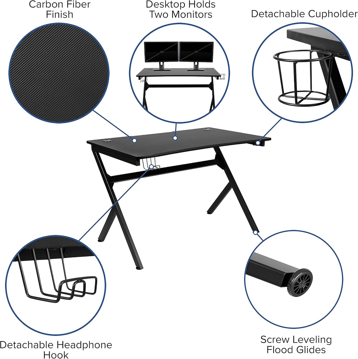 Flash Furniture Duncan Gaming Desk 45.25' x 29' Computer Table Gamer Workstation with Headphone Holder and 2 Cable Management Holes, Set of 1,Black