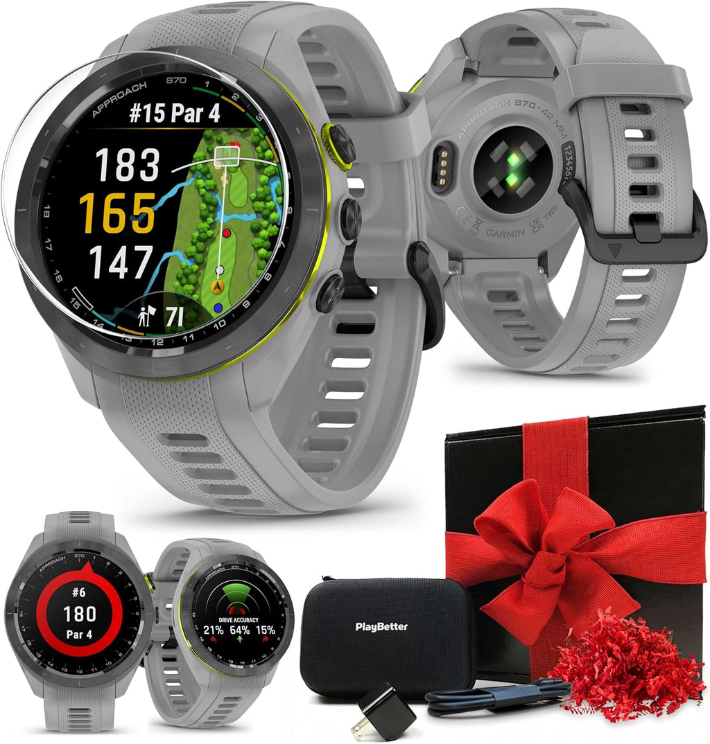 Garmin Approach S70 (Gray, 42mm) Golf GPS Watch - AMOLED Display, Virtual Caddie & Playslike Distance - Gift Box Bundle with PlayBetter Screen Protectors, Wall Adapter & Hard Case