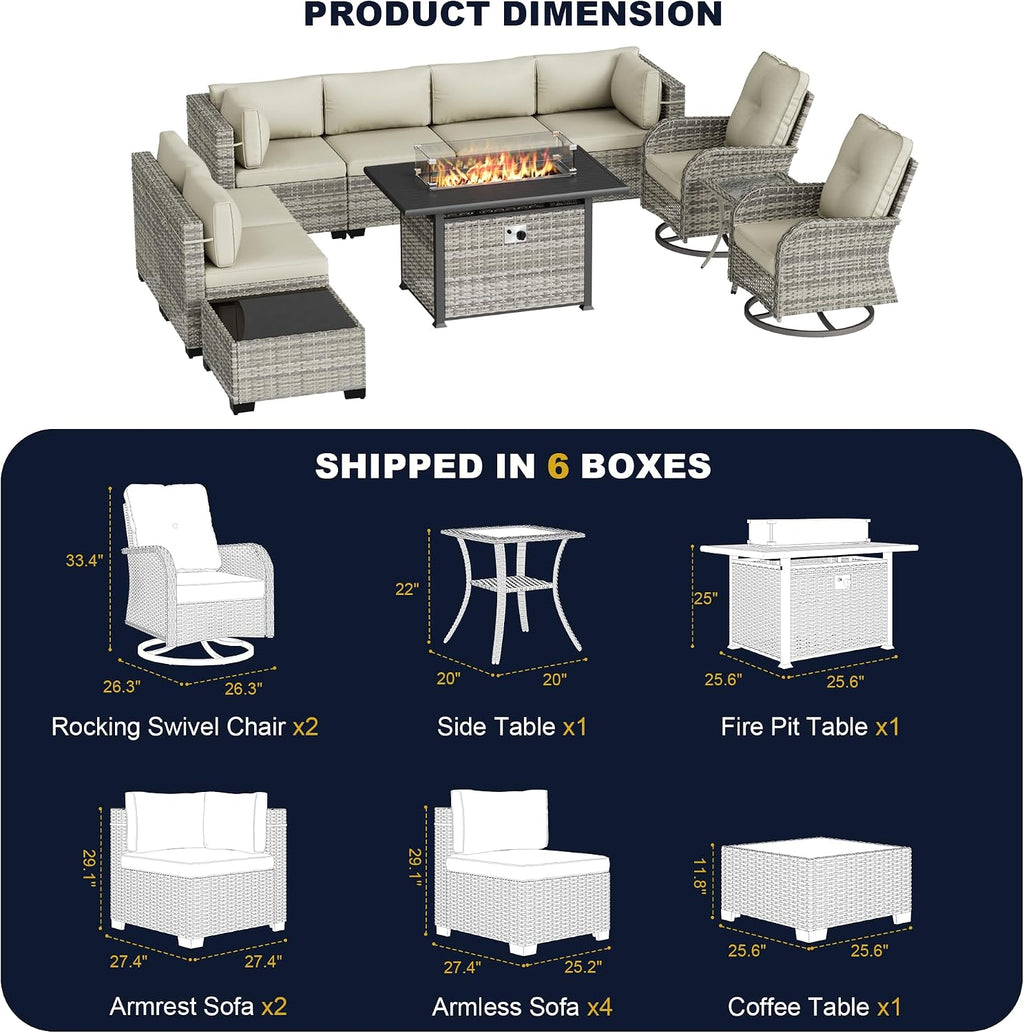 11-Piece Outdoor Patio Furniture Set with Rocking Swivel Chair, Wicker Rattan Sectional Sofa Conversation Set with 55,000 BTU Fire Pit Table, Backyard Furniture, Beige
