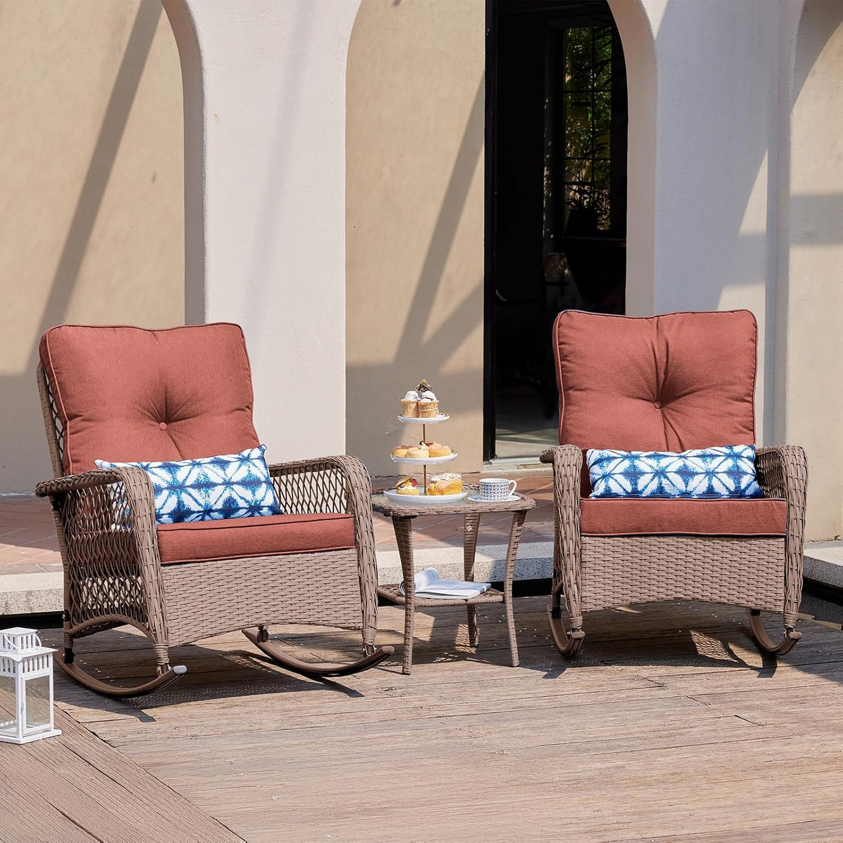 UDPATIO Rocking Chair Outdoor Set 2 with Coffee Table, 3 Piece Wicker Rocking Bistro Set with 4' Water-Resistant Cushions, Oversized, 350lbs Heavy-Duty, for Porch, Patio, Balcony, Brown/Dark Red