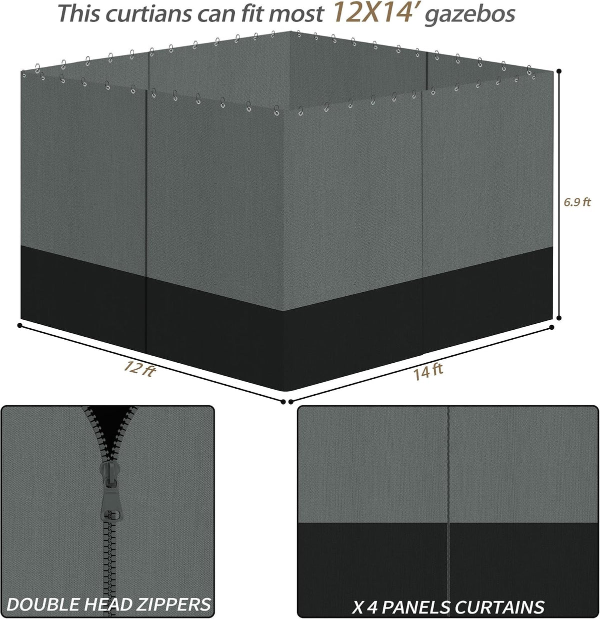 Gazebo Privacy Curtains 12 x 14' with Zipper 4-Panels Side Wall Universal Replacement for Patio, Outdoor Canopy, Garden and Backyard Gray and Black (Curtain Only)