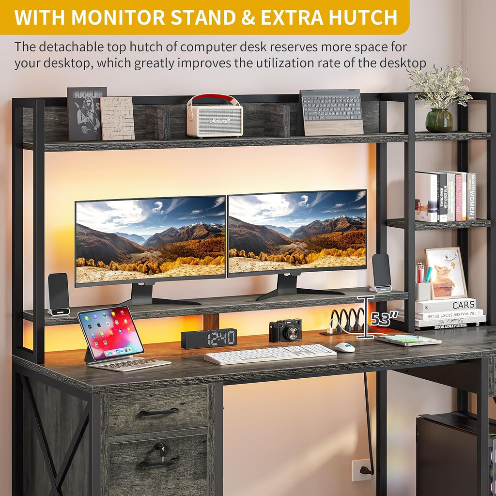 DWVO Computer Desk with Drawers & Hutch, 59.1' Office Desk with Power Outlets & LED Lights, Home Office Desk with Storage Shelves, Grey
