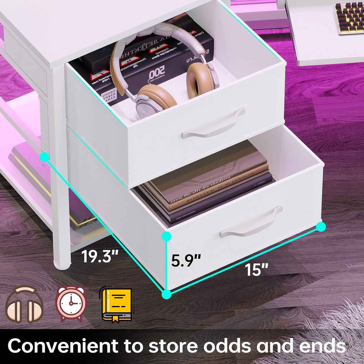 SEDETA 79' Gaming Desk, Computer Desk with 2 Fabric Drawers & LED Light, White Small Desk with Storage for Home Office, Carbon Fiber White
