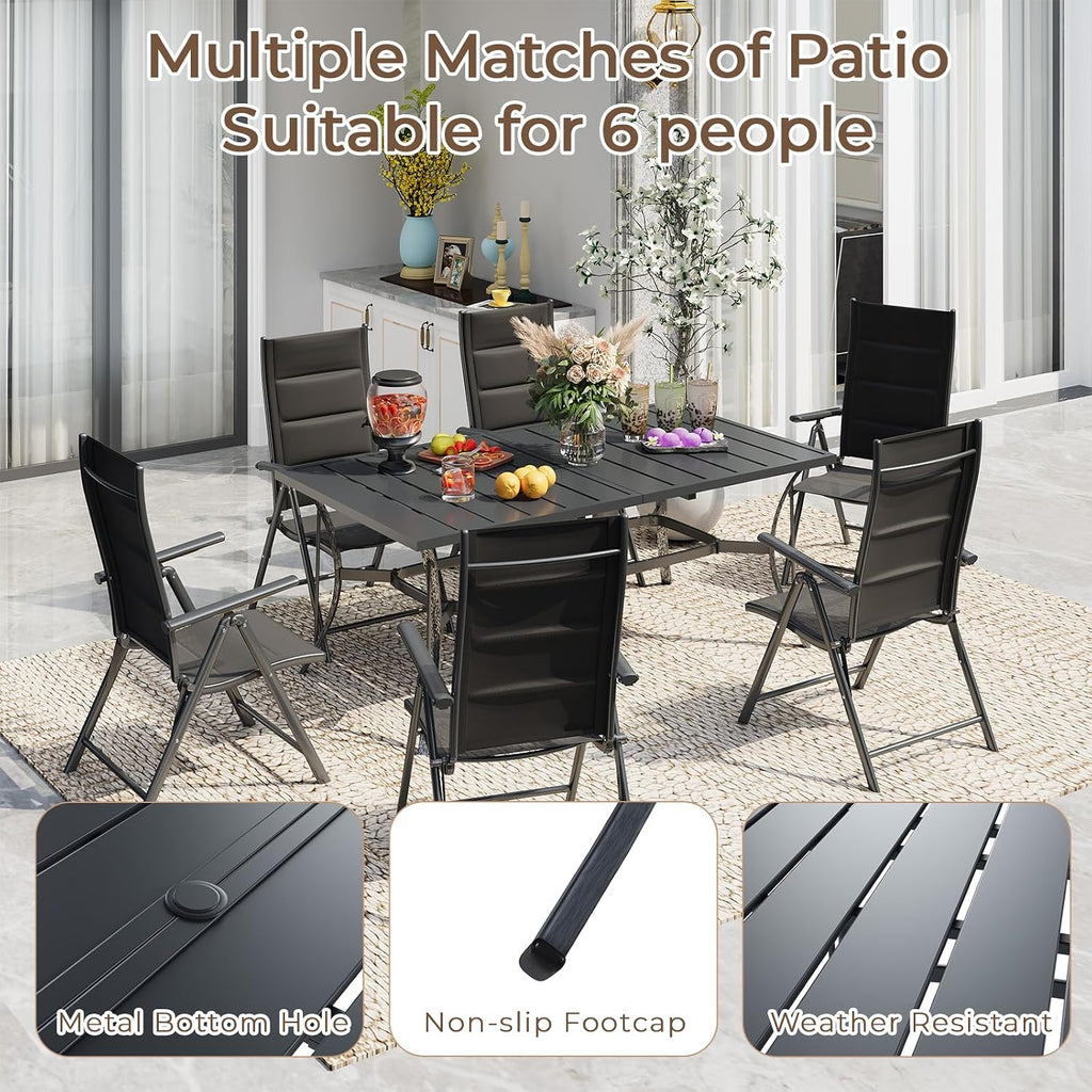 BUPPLEE 7-Piece Outdoor Dining Set with 6 Padded Aluminum Foldable Chairs & Rectangular Table with Umbrella Hole - Patio Furniture for Backyard, Balcony, Poolside
