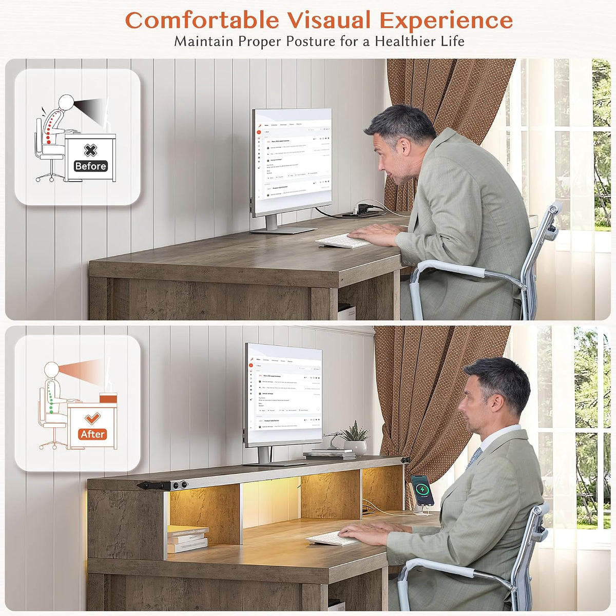 EnHomee Computer Desk with Drawers,23' D Home Office Desk with Storage,Wooden Desk with Monitor Stand,Farmhouse Desk with Printer Space and Power Outlets for Studio,Work, Study,Writing&Gaming