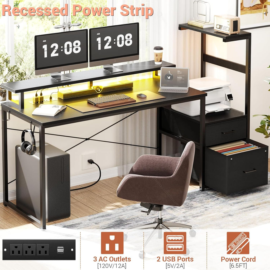 Aheaplus Gaming Desk with LED Strip & Power Outlet, 59Inch Reversible Computer Desk with Monitor Stand & Storage Shelves, Home Office Desks with Fabric File Drawer, PC Gamer Table, Carbon Fiber Black