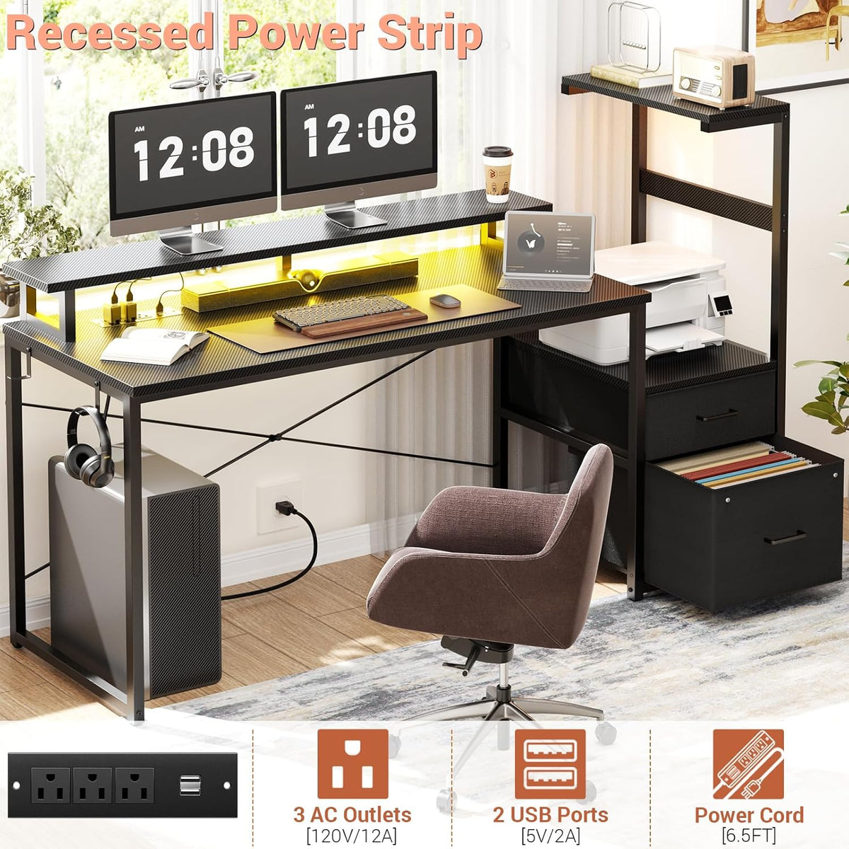 Aheaplus Gaming Desk with LED Strip & Power Outlet, 59Inch Reversible Computer Desk with Monitor Stand & Storage Shelves, Home Office Desks with Fabric File Drawer, PC Gamer Table, Carbon Fiber Black