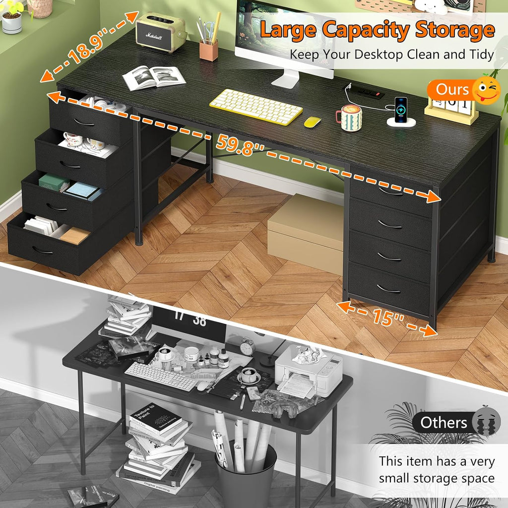 YOMILUVE 60 Inch Computer Desk with 8 Drawers, Home Office Desk with Power Outlets, Work Study Gaming Desk with 8 Fabric Drawers, Black