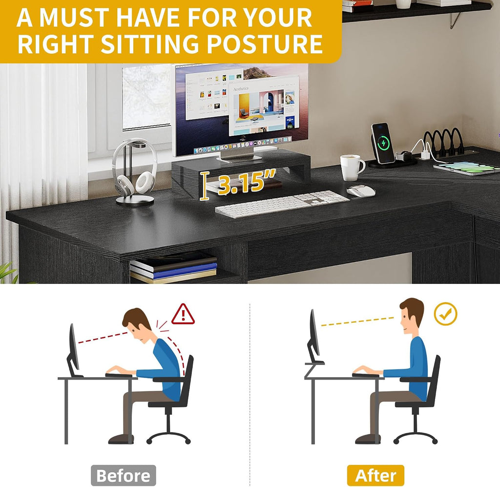 DWVO L Shaped Desk with File Drawer, 60' Corner Computer Desk with Power Outlets, Home Office Desk with Monitor Stand & Storage Shelves & File Cabinet, Black
