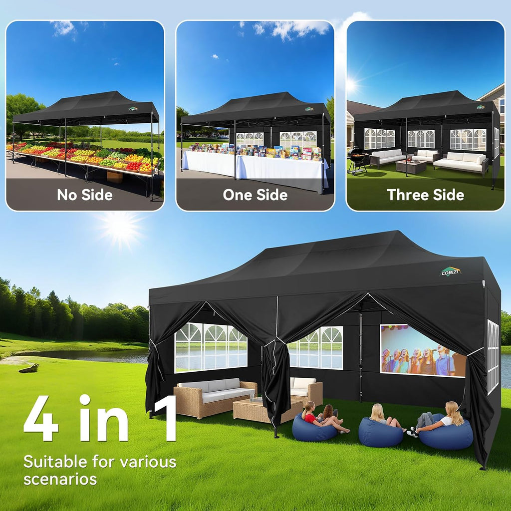 COBIZI 10x20 Heavy Duty Pop Up Canopy Tent with 6 Sidewalls Thicken Frame, Commercial Easy Up Outdoor Wedding Party Tents, All Season Waterproof Windproof with Stakes Sandbags Ropes Roller Bag, Black