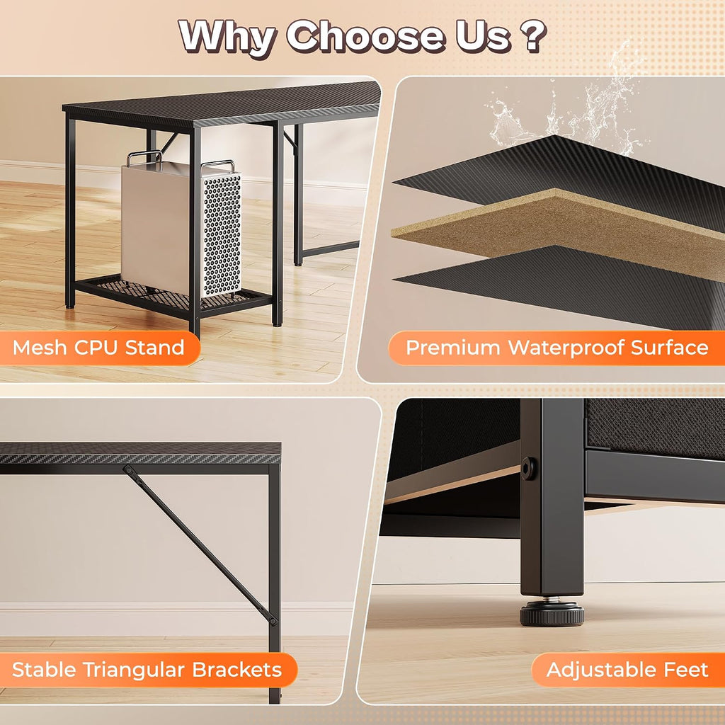 PRAISUN 66' L Shaped Gaming Desk with LED Lights & Power Outlets, Computer Desk with Fabric Drawers and Print Stand, Corner Office Desk, Monitor Stand, Mesh CPU Stand, Carbon Fiber Black