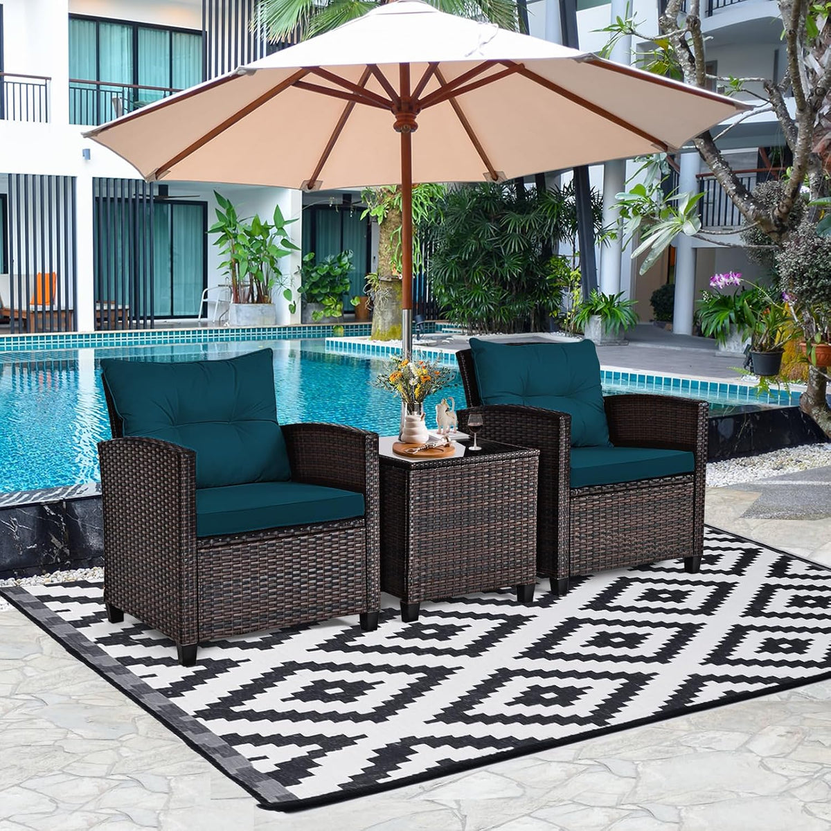 HAPPYGRILL 3 Pieces Patio Conversation Set, Outdoor Furniture Set PE Rattan Sofa Set with Removable Cushions, PE Wicker Chairs with Tempered Glass Side Table for Porch Lawn Garden Balcony Backyard