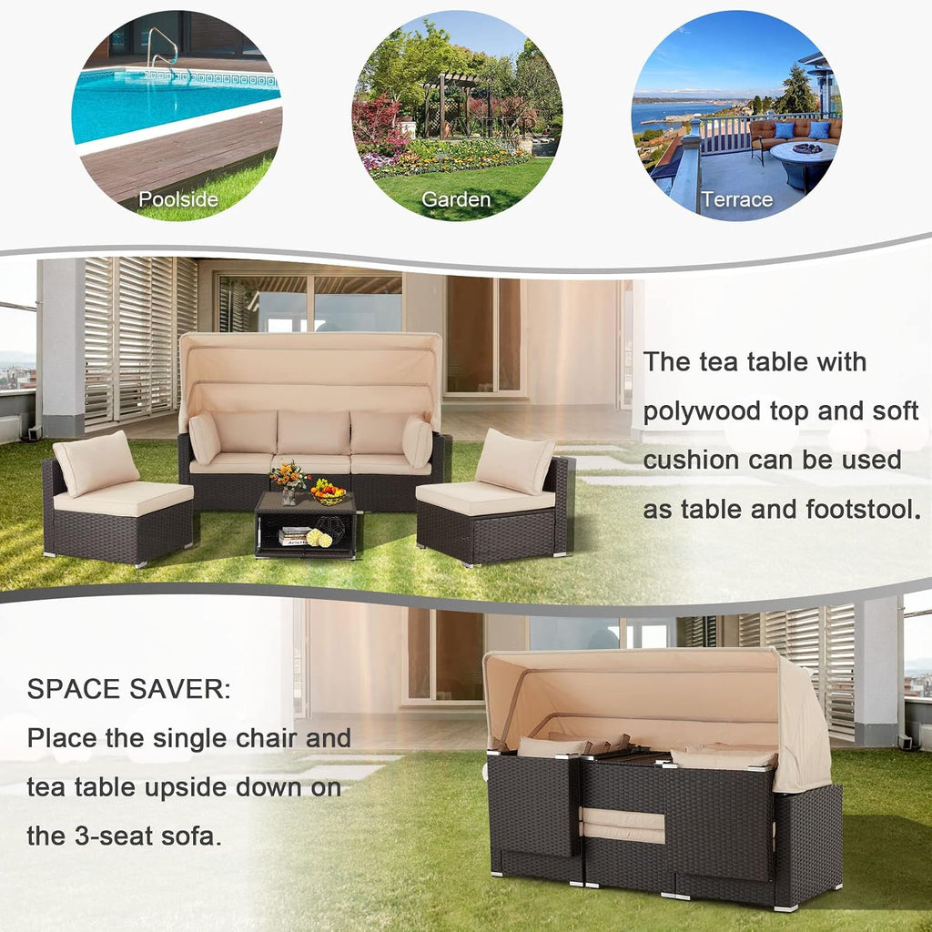 6 Pieces Patio Furniture Sets Outdoor Sectional Sofa Set Rattan Daybed with Retractable Canopy, Adjustable Backrest, Storable Tea Table Rectangle Sunbed for Backyard Garden Poolside(Khaki)