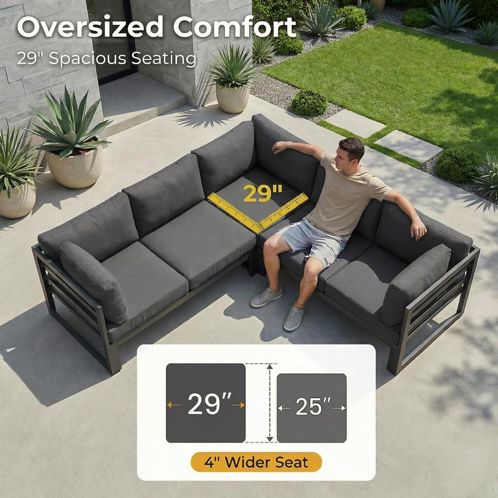 RADIATA 9 Piece Modern Aluminum Patio Furniture Set with Fire Pit Table, 500 lbs Heavy Duty Outdoor Sectional Sofa, 29' Deep Wide Oversize Seating Conversation Couch for Garden Exterior, Dark Gray