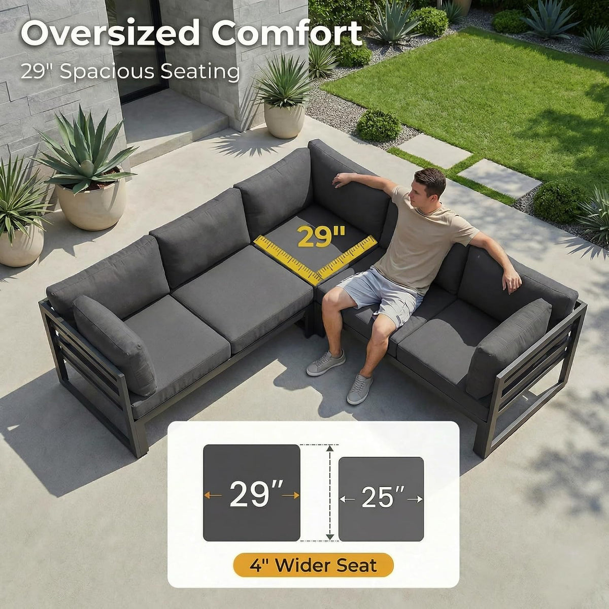 RADIATA 9 Pcs Modern Aluminum Outdoor Patio Furniture Set with Fire Pit Table Propane/Gas, Extra Large All-Weather Modular Sectional Couch, 29' Wide Deep Seating Conversation Sofa for Deck, Dark Grey