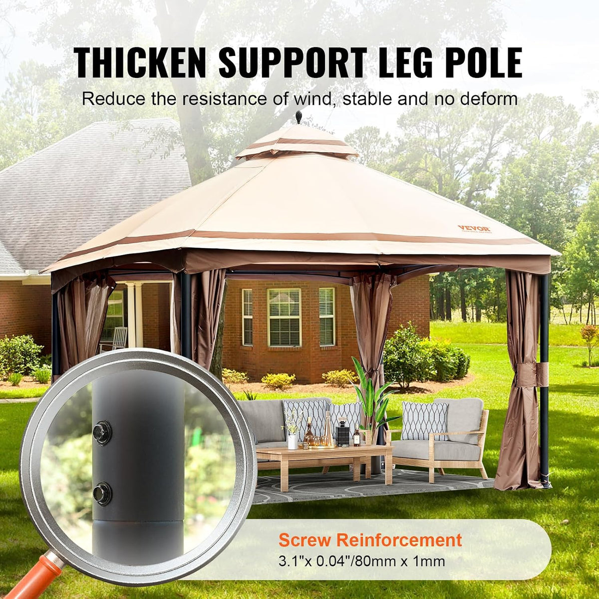 VEVOR Patio Gazebo for 10-12 Person, 10 x 13 FT Backyard Gazebo, with Mosquito Netting, Metal Frame, and PU Coated 180G Polyester, Outdoor Canopy Shelter for Patio, Backyard, Lawn, Garden, Deck