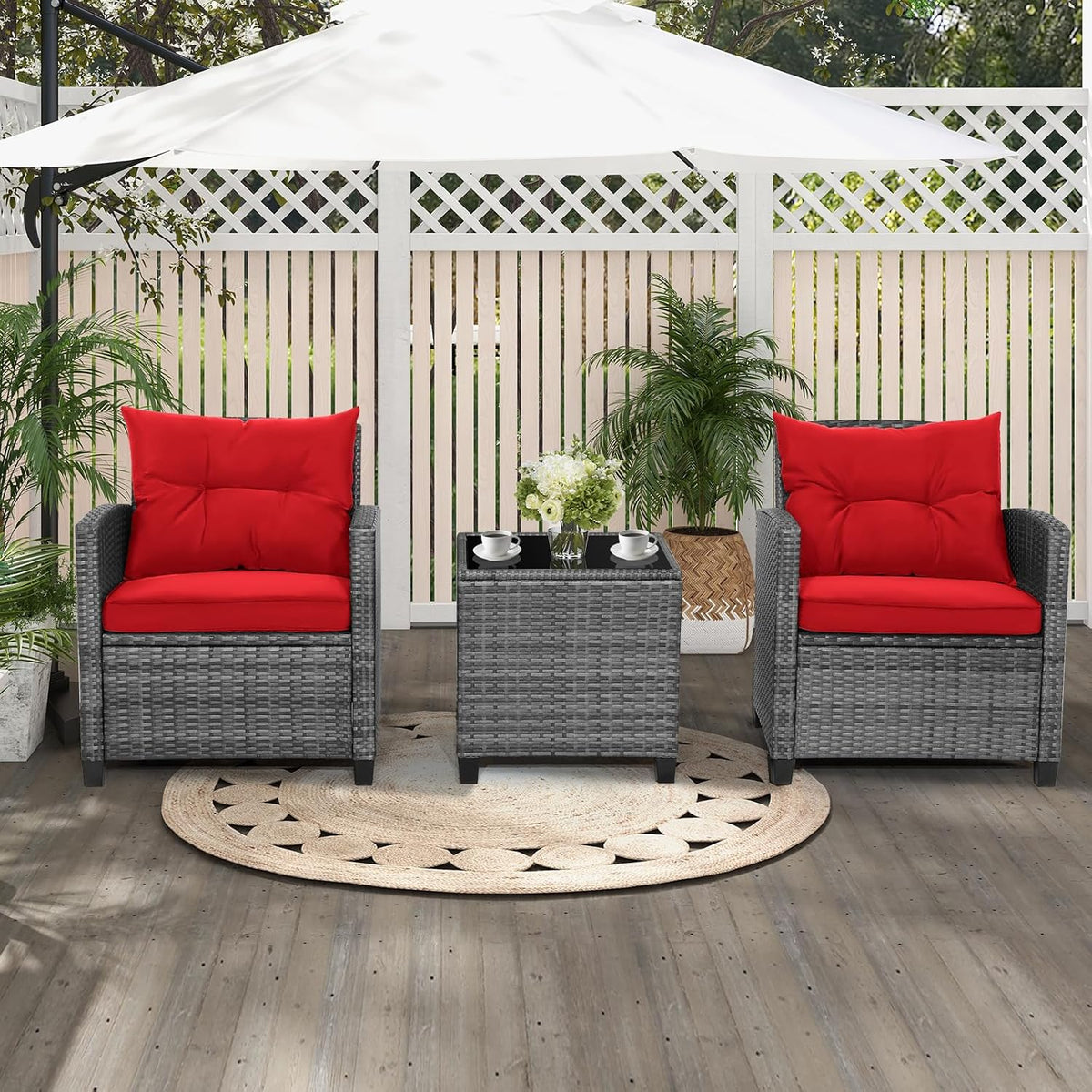 HAPPYGRILL 3 Pieces Patio Conversation Set, Outdoor Furniture Set PE Rattan Sofa Set with Removable Cushions, PE Wicker Chairs with Tempered Glass Side Table for Porch Lawn Garden Balcony Backyard