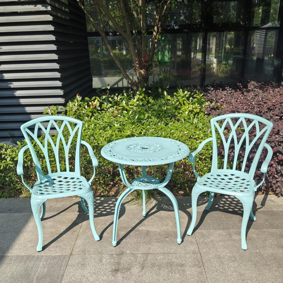 KAILI 3 Piece Bistro Table Set Cast Aluminum Outdoor Patio Furniture with Chair with armrests (Light Blue)
