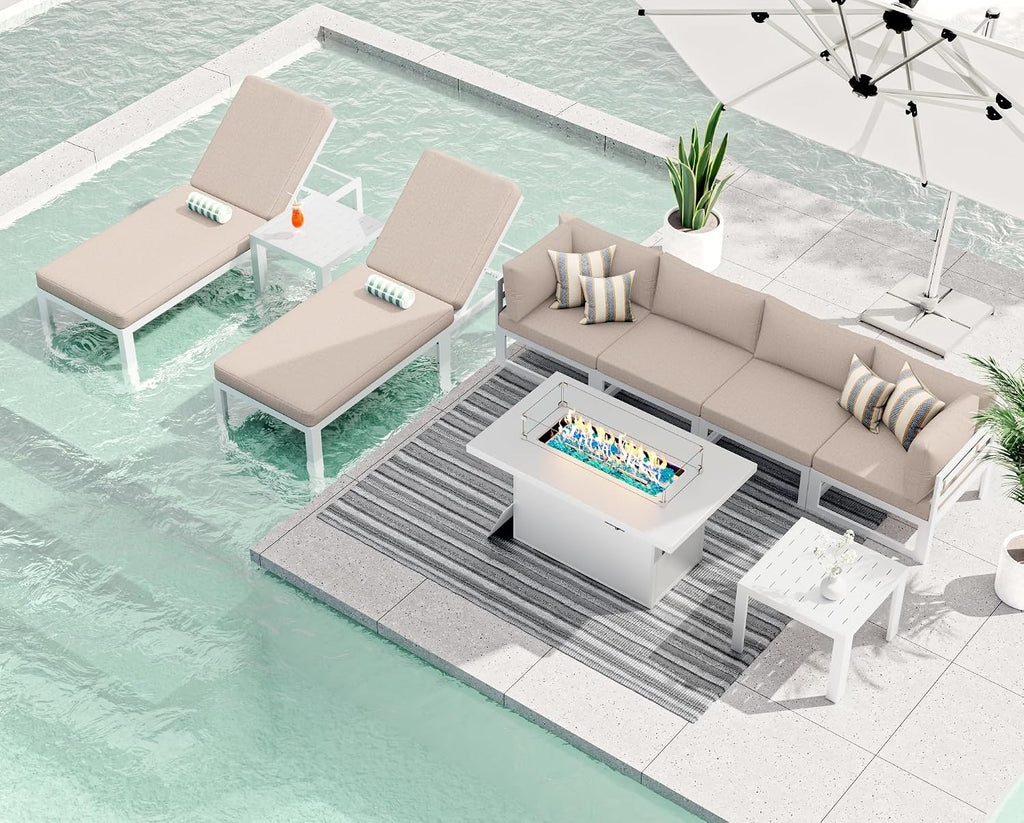 RADIATA 9 Piece Modern Aluminum Outdoor Patio Furniture Set with Lounger & Fire Pit Table, Extra Large All-Weather Modular Sectional Couch, 29' Wide Deep Seating Conversation Sofa for Poolside, Beige