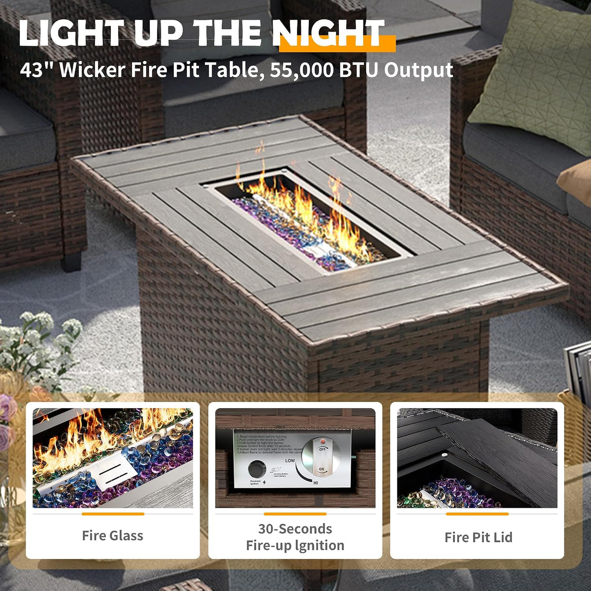 UDPATIO Patio Furniture Set with 44' Fire Pit Table, 6 Pieces Outdoor Sectional Conversation Sets, All-Weather Wicker Rattan Sofa Ottoman with 4' Thick Cushion for Garden Backyard Deck, Light Blue