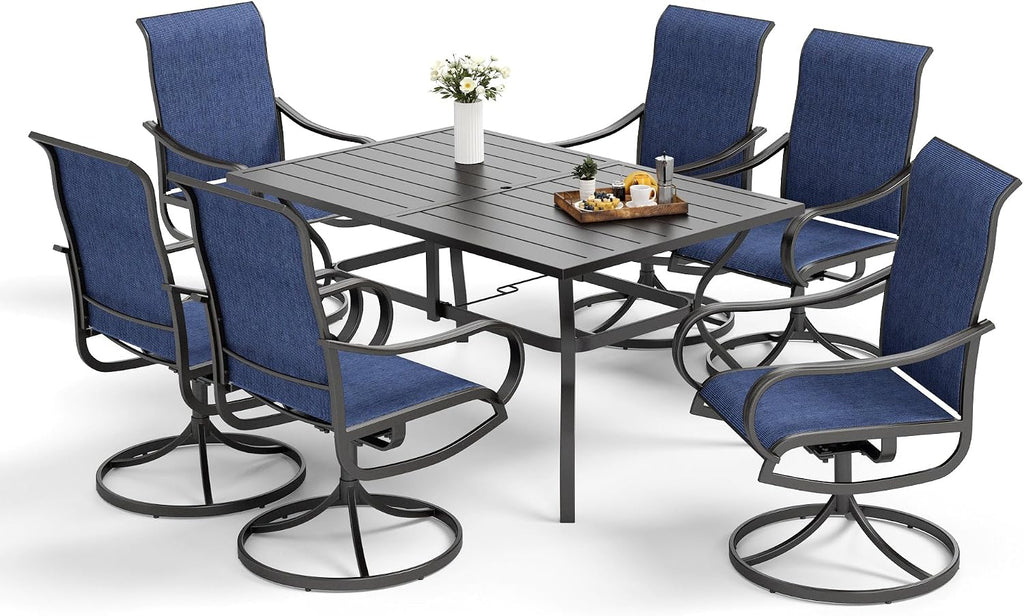 MFSTUDIO Patio Table and Chairs Set of 6, Outdoor Dining Set for 6 with Metal Table and Swivel Chairs, 7 Piece Outdoor Patio Furniture Set for Deck/Backyard/Poolside/Garden