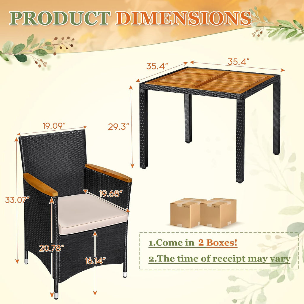 Greesum 5 Pieces Outdoor Patio Dining Set, Conversation Sets with 1 Table and 4 Rattan Chairs with Curved Acacia Wooden Armrests and Cushions, Black