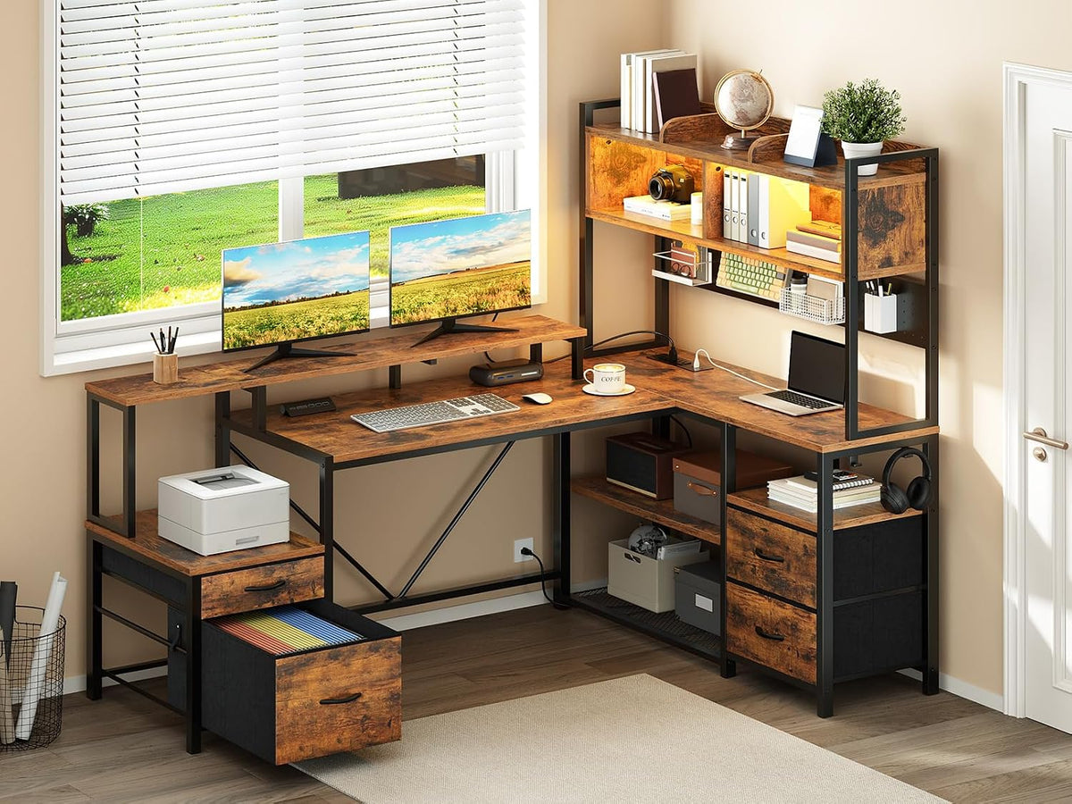 RALGEND 75' L Shaped Gaming Desk with Hutch, L Shaped Desk with Drawers, LED Light, Power Outlets & Pegboard, Corner Desk with Storage Shelves & Monitor Stand for Home Office, Rustic Brown and Black