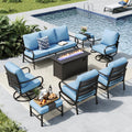 MFSTUDIO Patio Furniture Sets with 45' Gas Fire Pit Table, 8 Pieces Outdoor Metal Conversation Sets with 1 x 3-Seat Sofa, 2 Single Chairs, 2 Swivel Chairs and 2 Ottomans, Blue Cushion