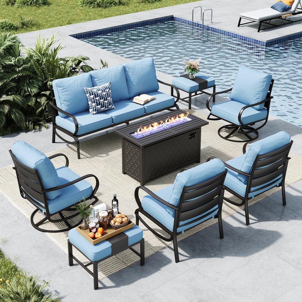 MFSTUDIO Patio Furniture Sets with 45' Gas Fire Pit Table, 8 Pieces Outdoor Metal Conversation Sets with 1 x 3-Seat Sofa, 2 Single Chairs, 2 Swivel Chairs and 2 Ottomans, Blue Cushion