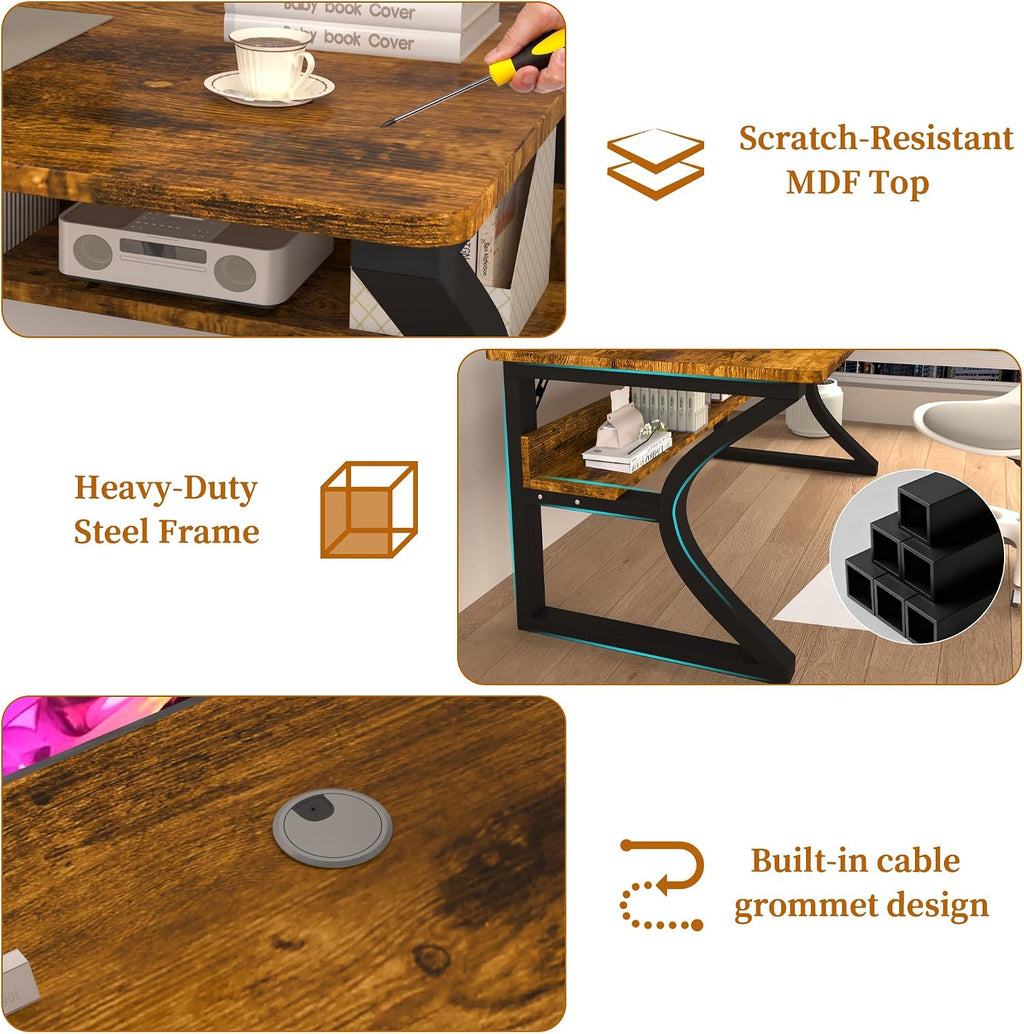55 inch Computer Desk, Home Office Desk with Storage Shelf, Sturdy U-Shaped Metal Frame Study Table with Cable Management, Gaming Desk for Office & Bedroom, Rustic Brown