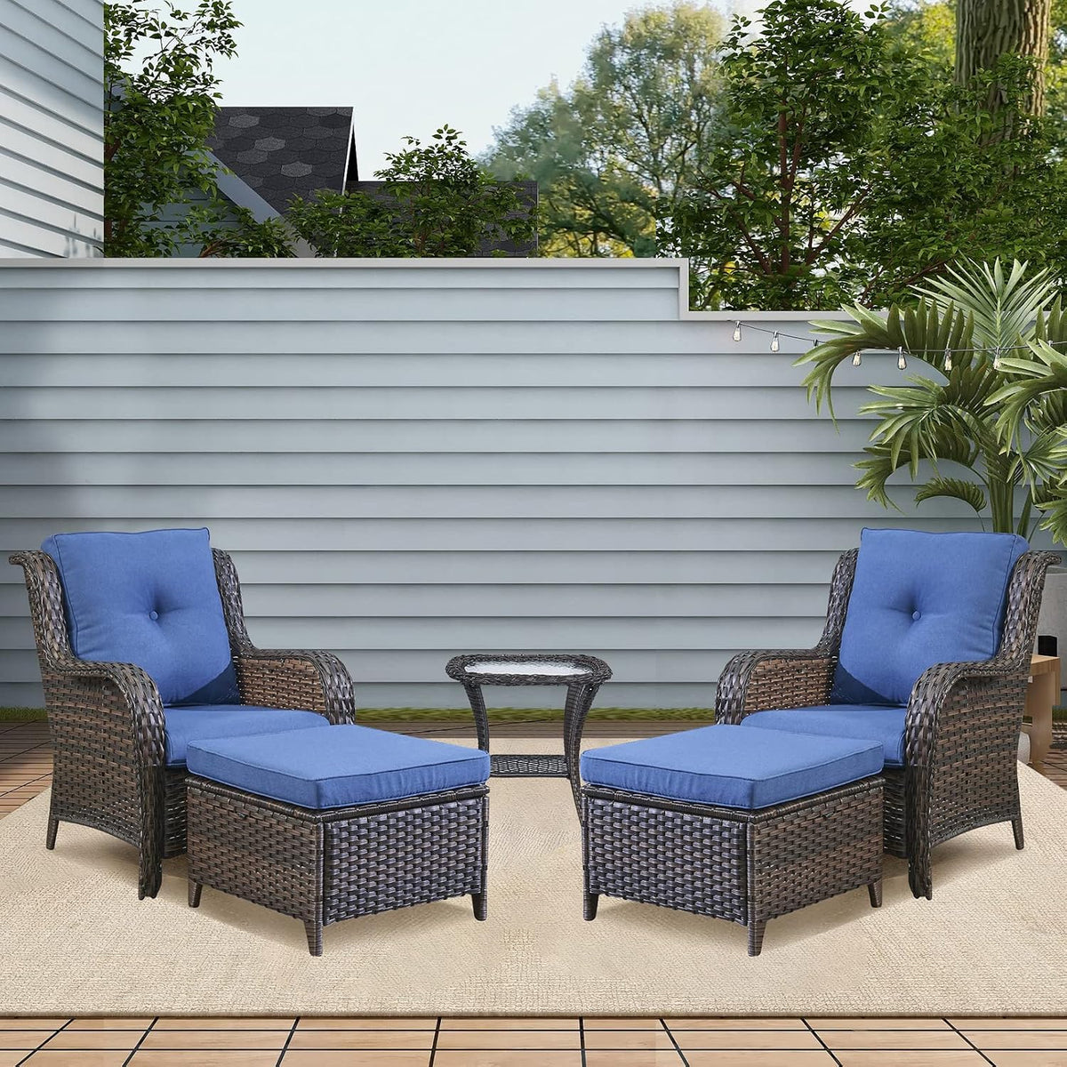 Rilyson Wicker Patio Furniture Set - 5 Piece Rattan Outdoor Sectional Conversation Sets with 2 Chairs,2 Ottomans and 1 Side Table for Porch Deck Garden(Brown/Blue)