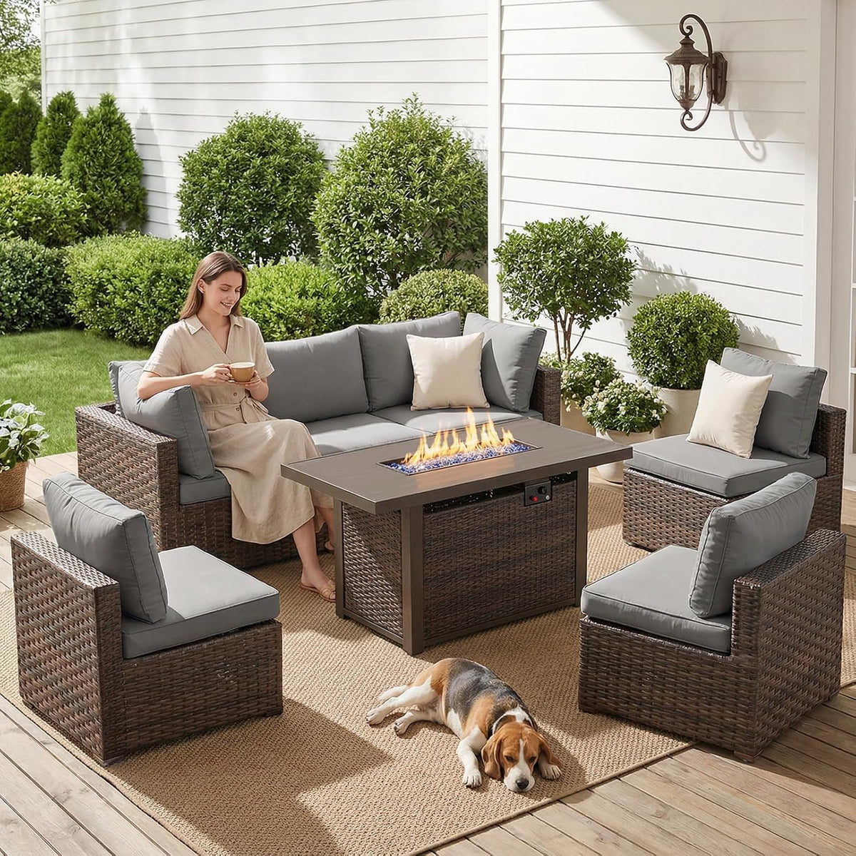 7-Pieces Patio Furniture Sets Outdoor Sectional Sofa with 44'' Propane Rattan Wicker Firepit Table, Patio Sectional Conversation Set with Cushions for Backyard, Poolside, Garden Grey