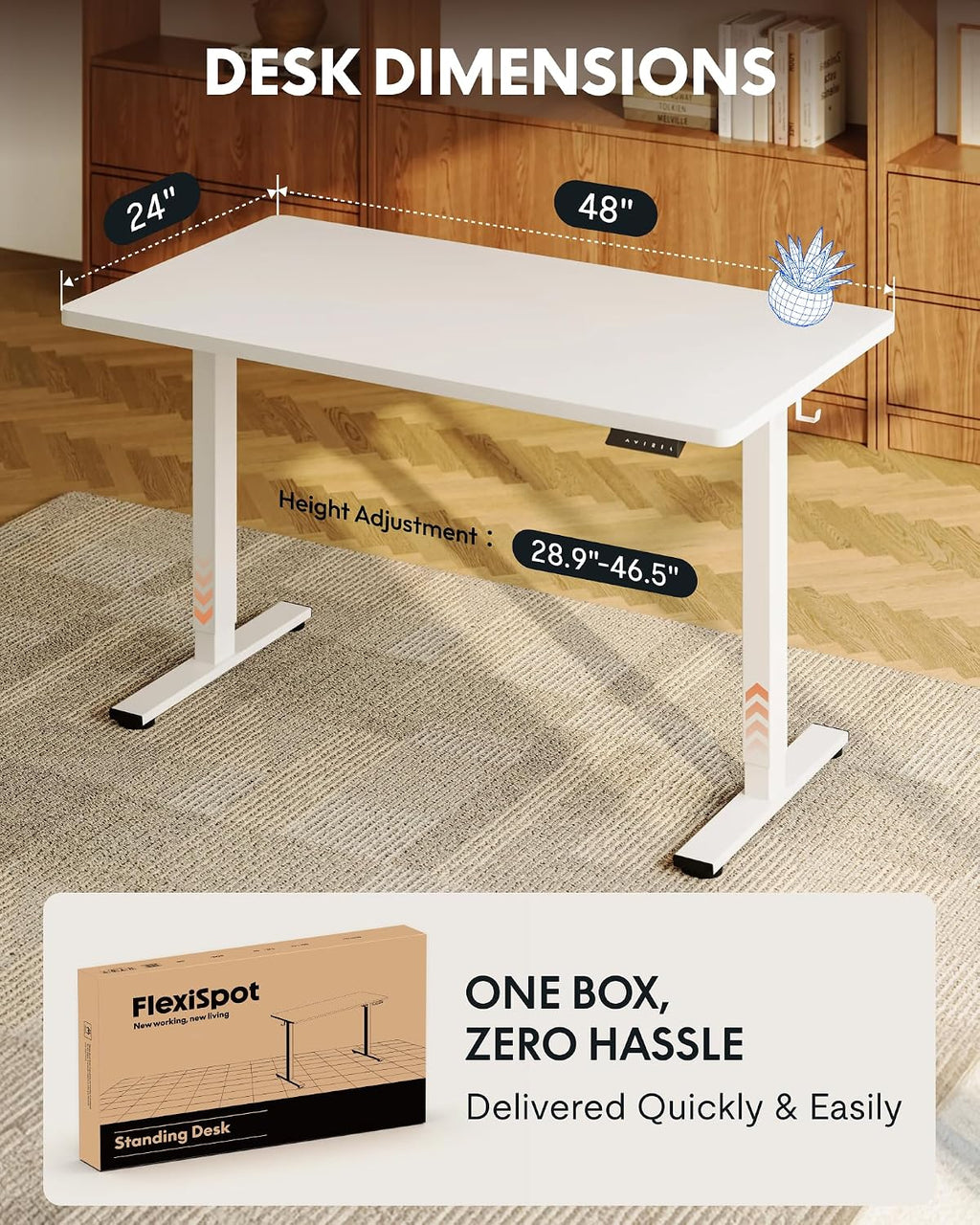 FLEXISPOT EN1 One-Piece Standing Desk, 48'x24' Seamless Desktop Electric Height Adjustable Desk for Home Office, Multi-Monitor Setups & Easy Assembly, White
