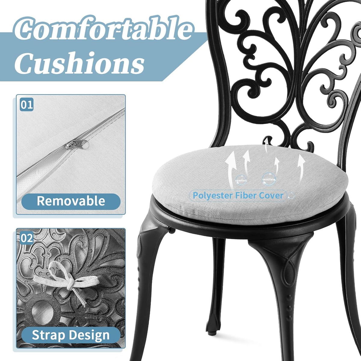 3 Piece Bistro Patio Set Cast Aluminum Bistro Table and Chairs Set of 2 with Cushion,Outdoor Bistro Table Set with Umbrella Hole,Metal Patio Furniture Set for Garden,Black