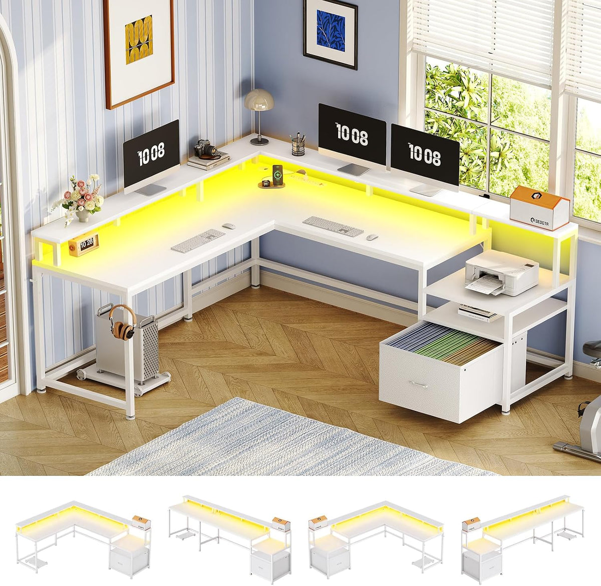 SEDETA 66' L Shaped Desk with Power Outlet, Reversible Home Office Computer Desk with File Drawer & Monitor Shelf, Storage Shelves, LED Lights for Corner Small Spaces, White