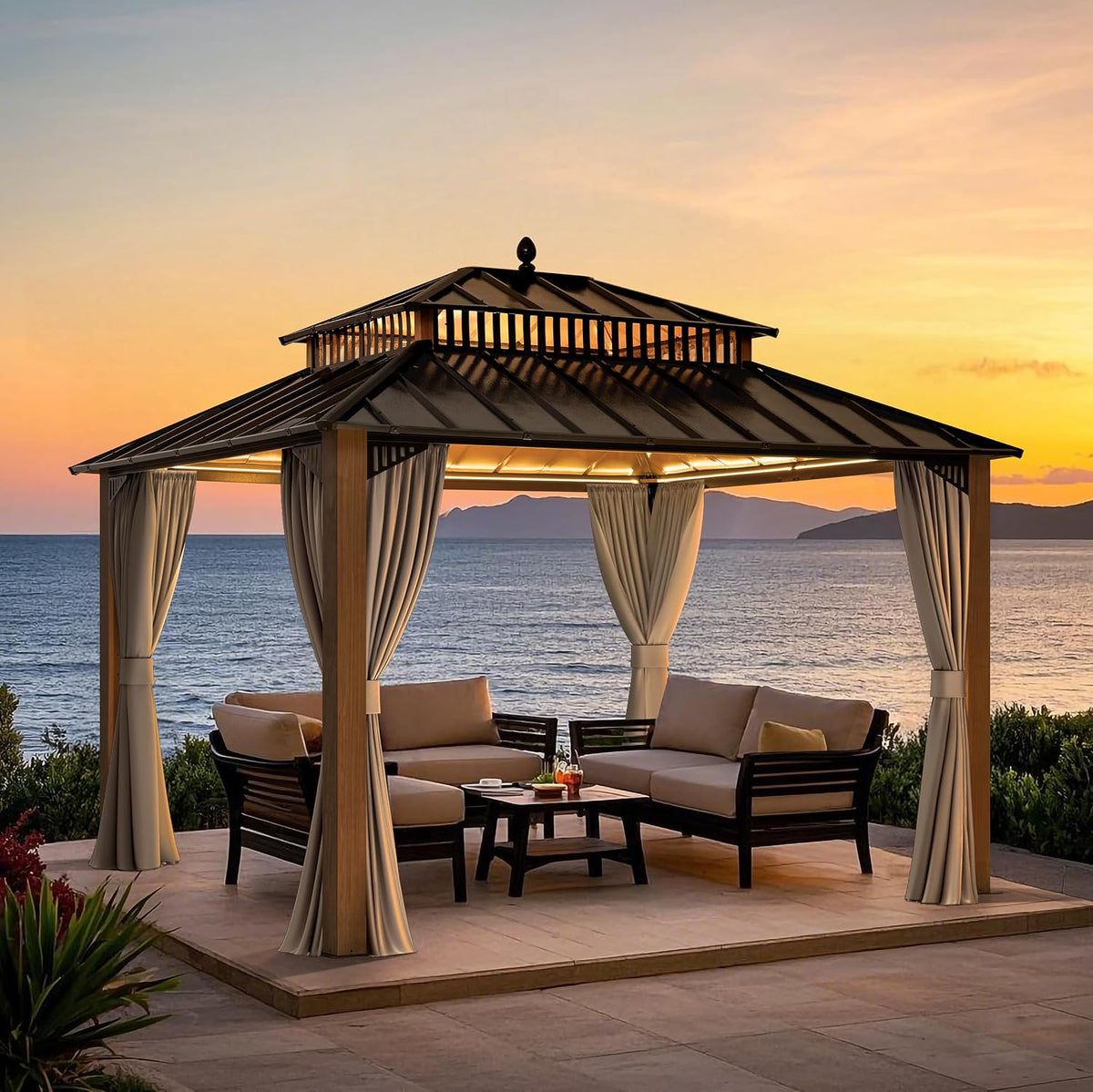SUNJOY Kingston 12' x 10' Hardtop Gazebo with Galvanized Steel Double Roof, Curtain and Netting, Woodgrain Finish Aluminum Posts Permanent Pavilion Gazebo for Garden, Patio, Deck, Lawn