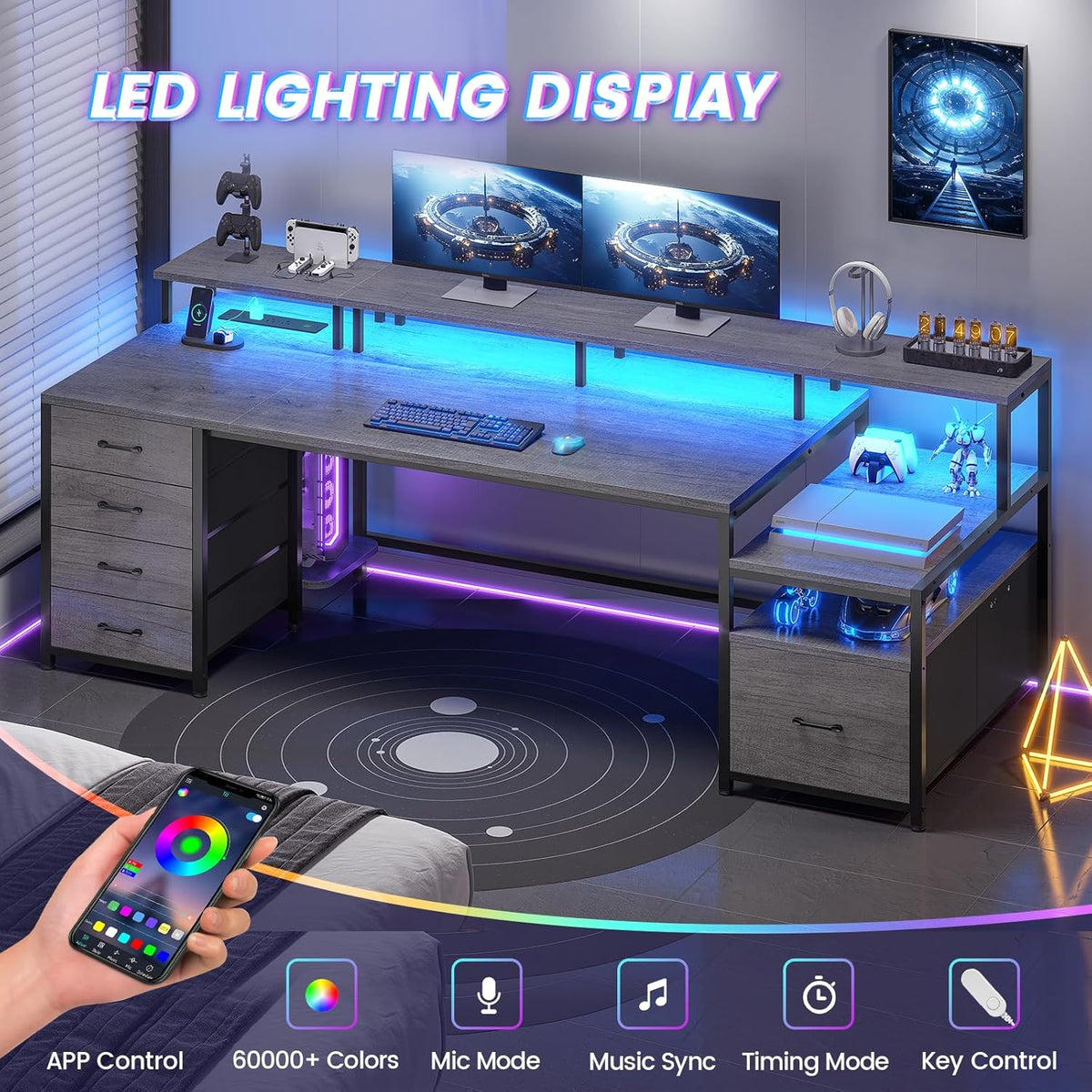 SEDETA 75'' Computer Desk with 5 Drawer, Power Outlet & Led Lights, Home Office Desk with File Drawer, Storage Shelves, Printer Cabinet and Monitor Shelf, 23.6' W Large Desktop Gaming Desk, Grey
