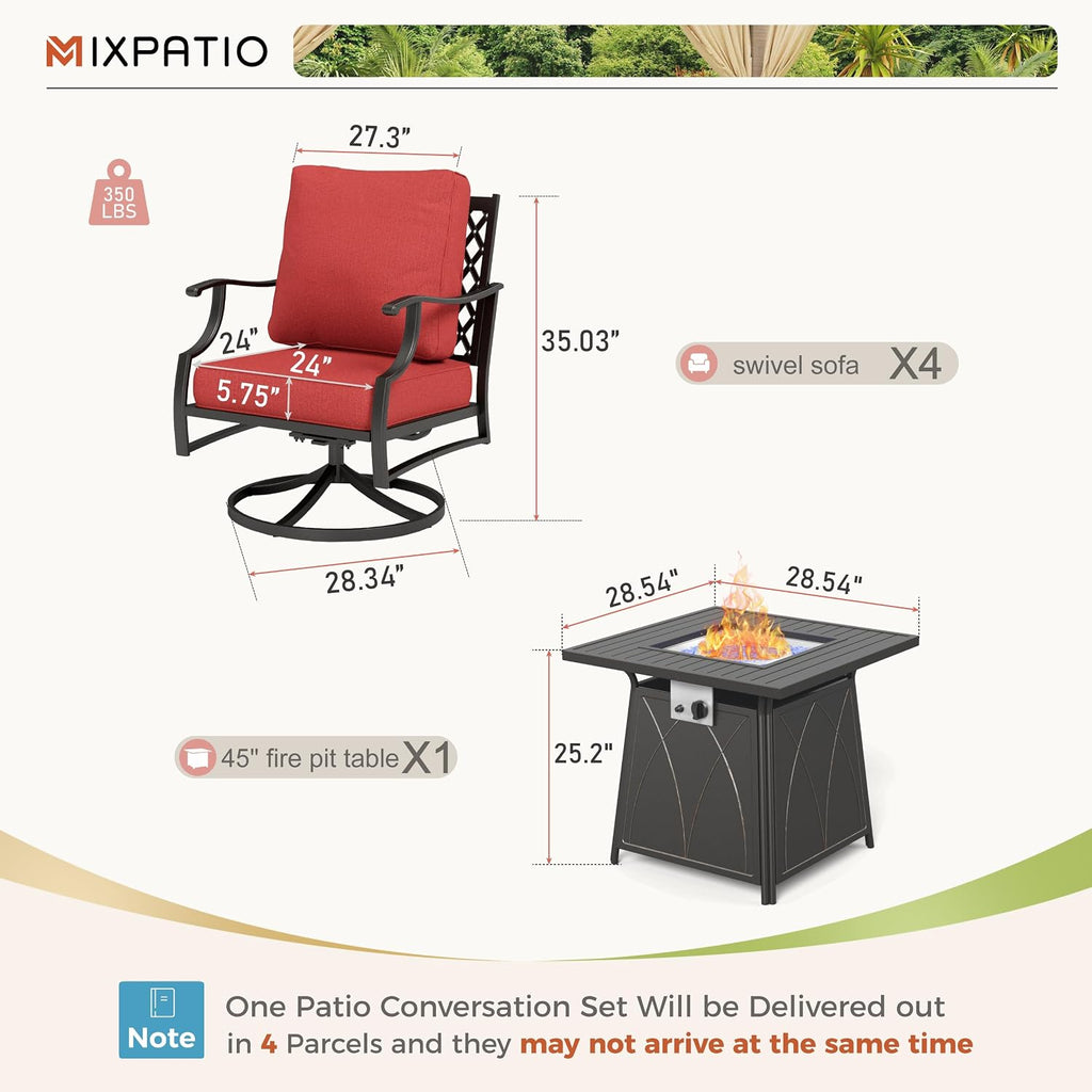 MIXPATIO Patio Furniture Set with Fire Pit Table, 5 Pcs Metal Outdoor Conversation Set, 4 Swivel Chairs with 5.75' Extra Thick Cushion and 28' Fire Pit Table for Backyard Deck, Red