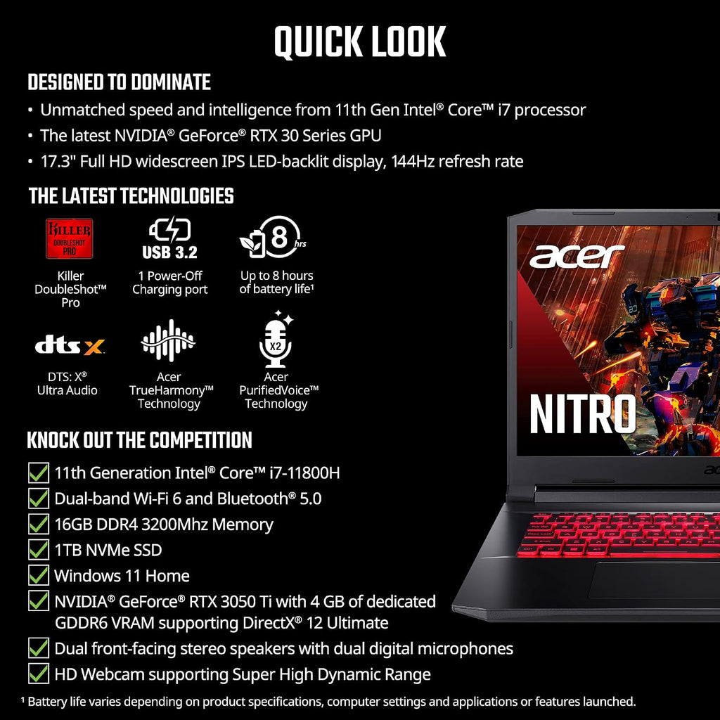 Acer Nitro 5 AN517-54-79L1 Gaming Laptop | Intel Core i7-11800H | NVIDIA GeForce RTX 3050Ti GPU | 17.3' FHD 144Hz IPS Display | 16GB DDR4 | 1TB NVMe SSD | Killer Wi-Fi 6 | Backlit KB | Win 11