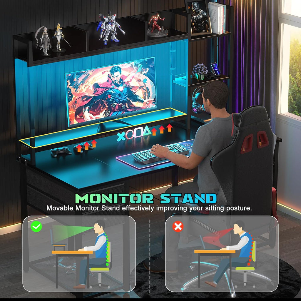 Aheaplus LED Gaming Desk with Hutch, 47.2'' Computer Workstation, Black